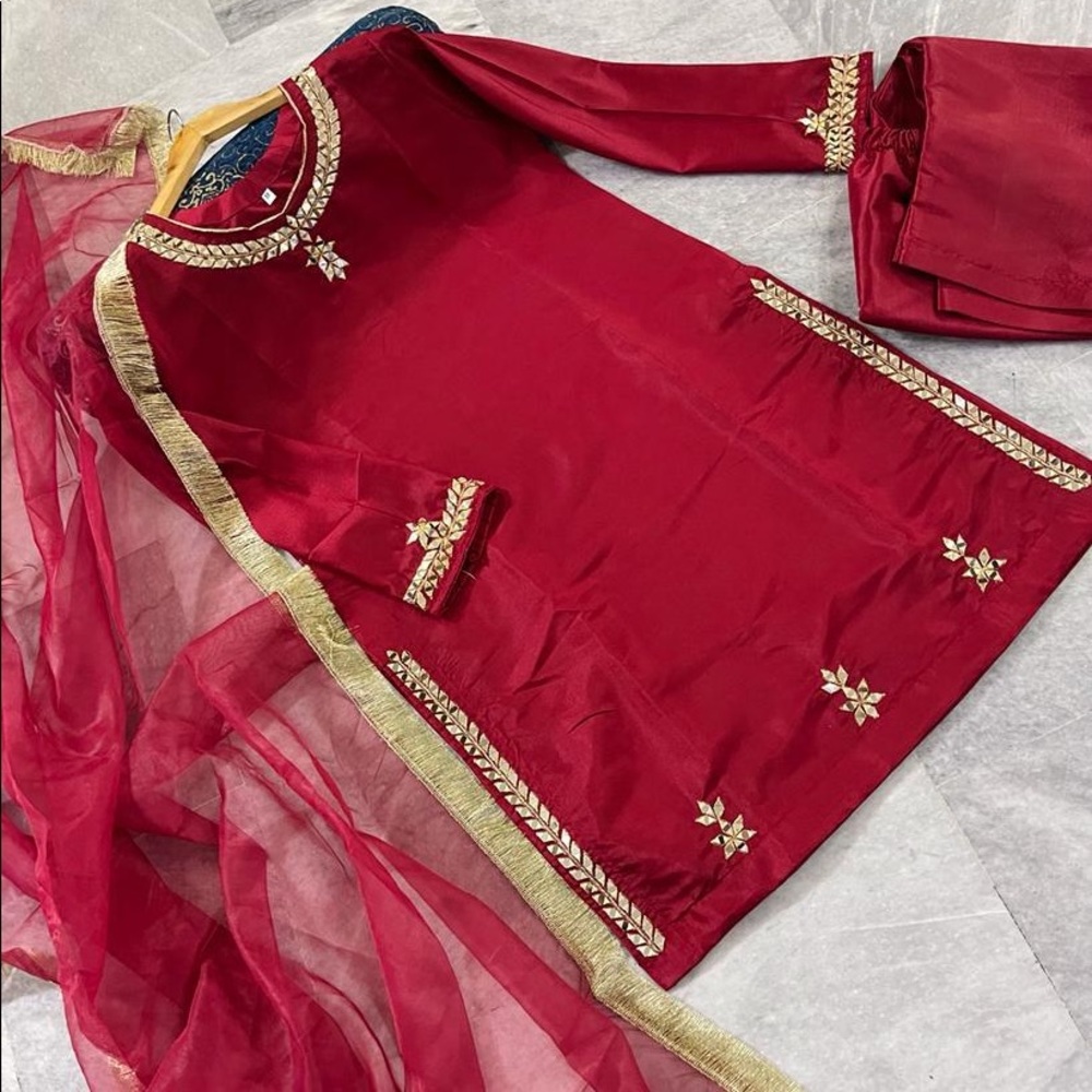 MirrorWork Kattan Silk Shirt+Pent With Organza Dupatta
